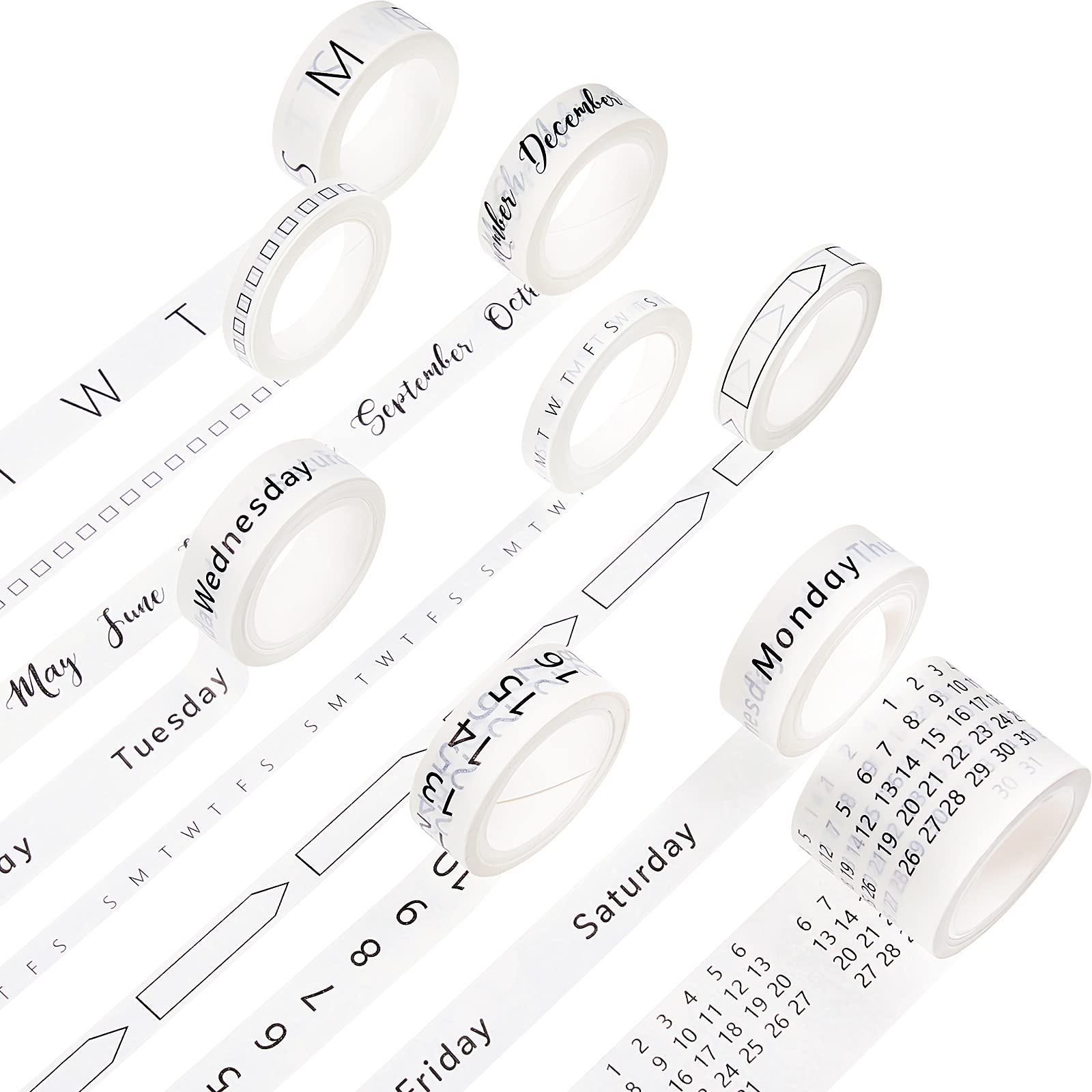 9 Rolls Calendar Washi Tape Set Day Week Month Number Vintage Calendar Date Journal Planner Adhesive Washi Tape Decorative Patterned Marking Gift for Scrapbook Sticker Christmas Crafts