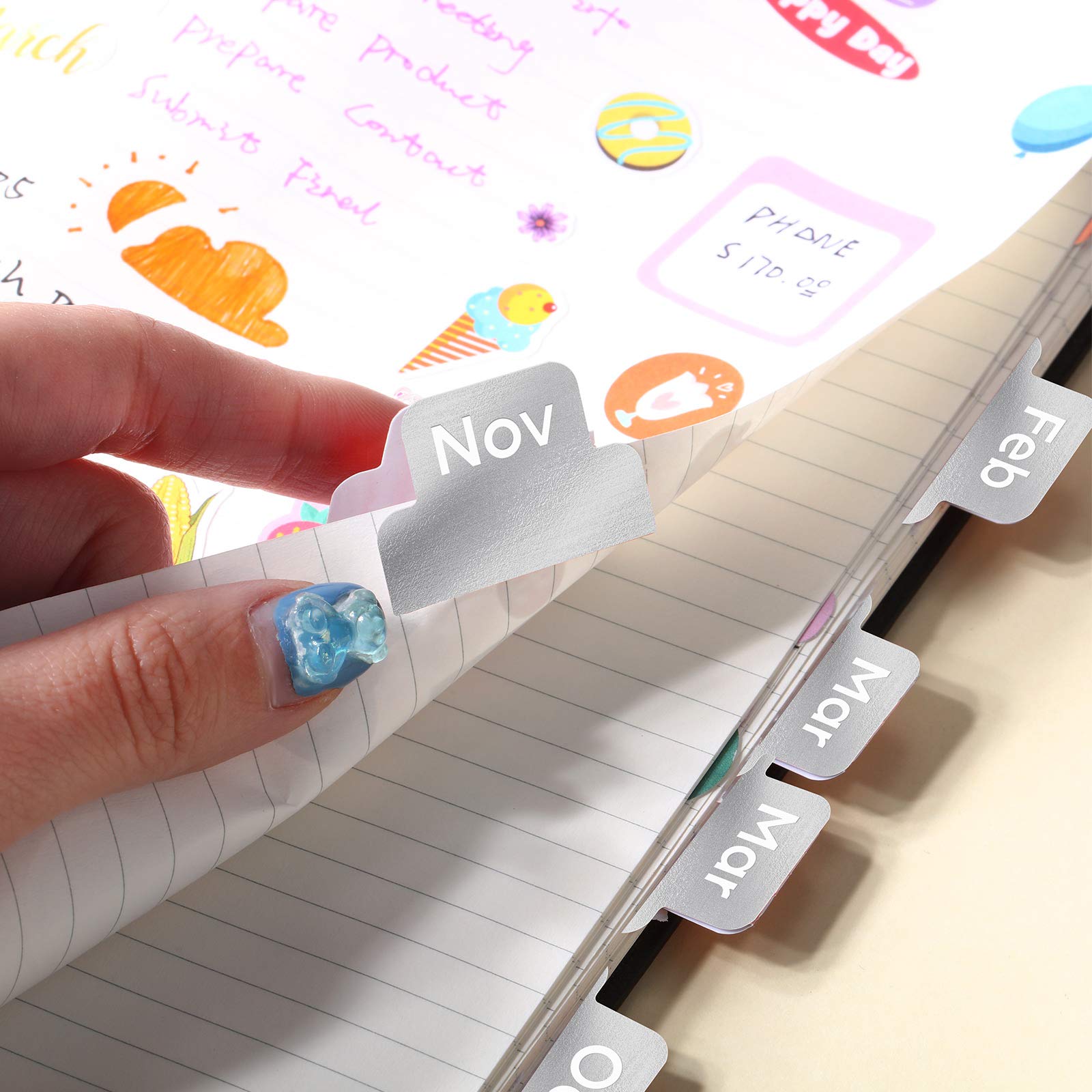 Outus 24 Pieces Monthly Adhesive Tabs for Planner - Designer Accessories Monthly Tabs Stickers Decorative for Office Planners Organizations Sturdy Notebook Planners Journal(Silver)