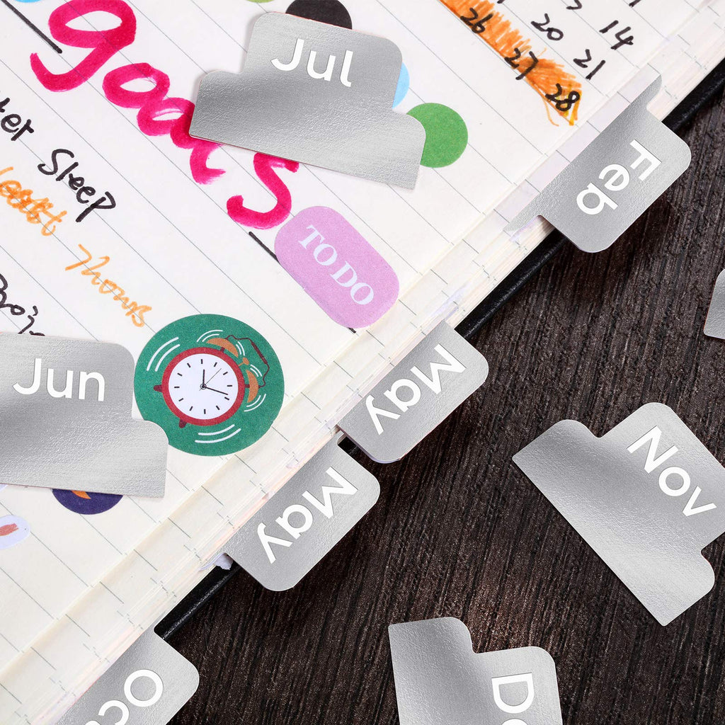 Outus 24 Pieces Monthly Adhesive Tabs for Planner - Designer Accessories Monthly Tabs Stickers Decorative for Office Planners Organizations Sturdy Notebook Planners Journal(Silver)